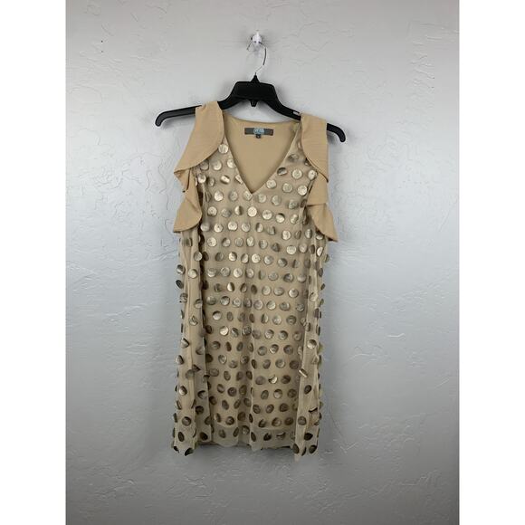 Eva Franco Dress Womens 8 Beige Gold Polka Dot Sleeveless Ruffle Sheath Made USA - Picture 1 of 7